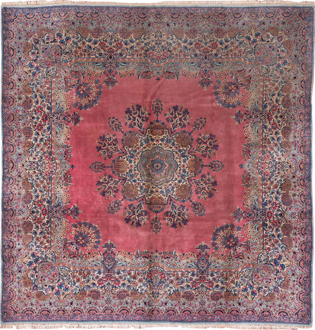 9' x 10' one-of-a-kind handmade vintage Kerman large size rug. Color palette: blue, brown, dim gray, fiord, gray, light blue