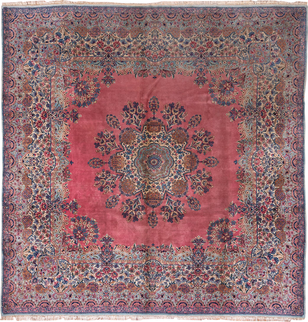 9' x 10' one-of-a-kind handmade antique Kerman large size rug. Color palette: rose, ivory, powder blue, navy, dusty pink