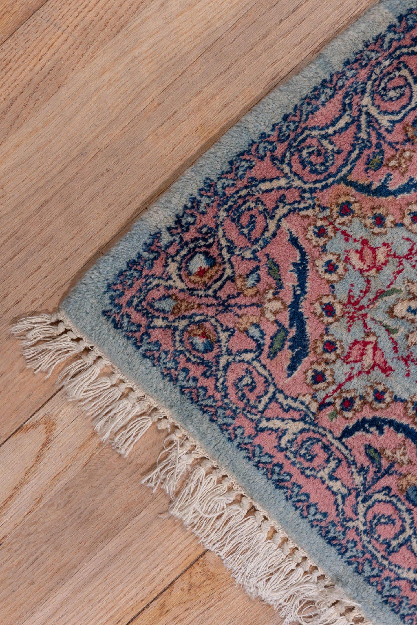 9' x 10' one-of-a-kind handmade antique Kerman large size rug. Color palette: rose, ivory, powder blue, navy, dusty pink