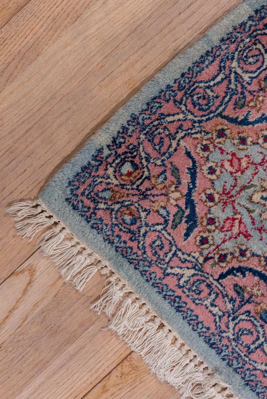 9' x 10' one-of-a-kind handmade antique Kerman large size rug. Color palette: rose, ivory, powder blue, navy, dusty pink