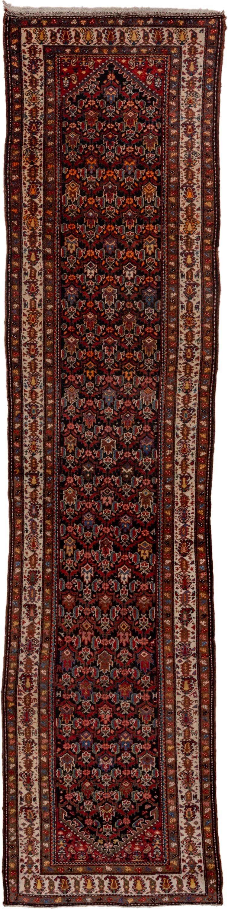 3' x 13' one-of-a-kind handmade antique Malayer runner rug. Color palette: navy, ivory, rust, rose, camel, sky_blue
