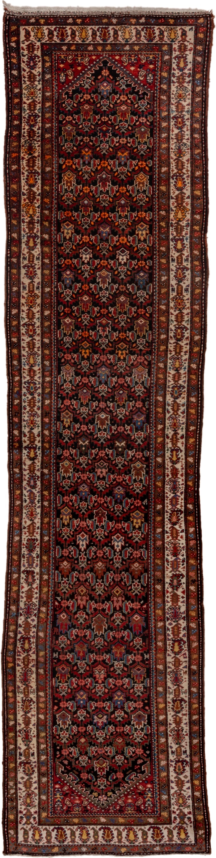 3' x 13' one-of-a-kind handmade antique Malayer runner rug. Color palette: navy, ivory, rust, rose, camel, sky_blue