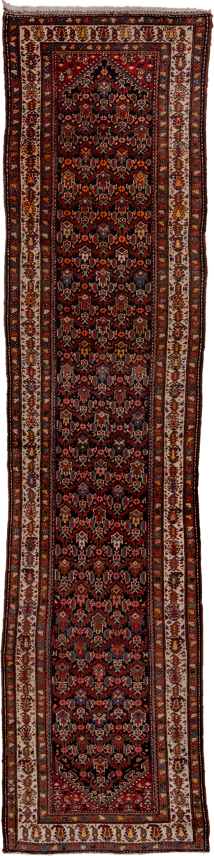 3' x 13' one-of-a-kind handmade antique Malayer runner rug. Color palette: navy, ivory, rust, rose, camel, sky_blue