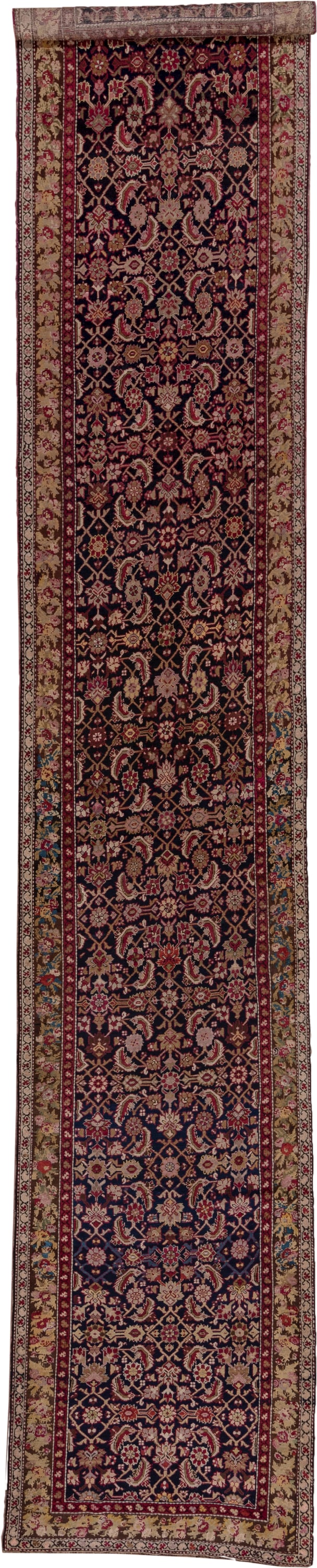3' x 18' one-of-a-kind handmade antique Karabagh runner rug. Color palette: navy, ivory, burgundy, rose, gold, rust, sage