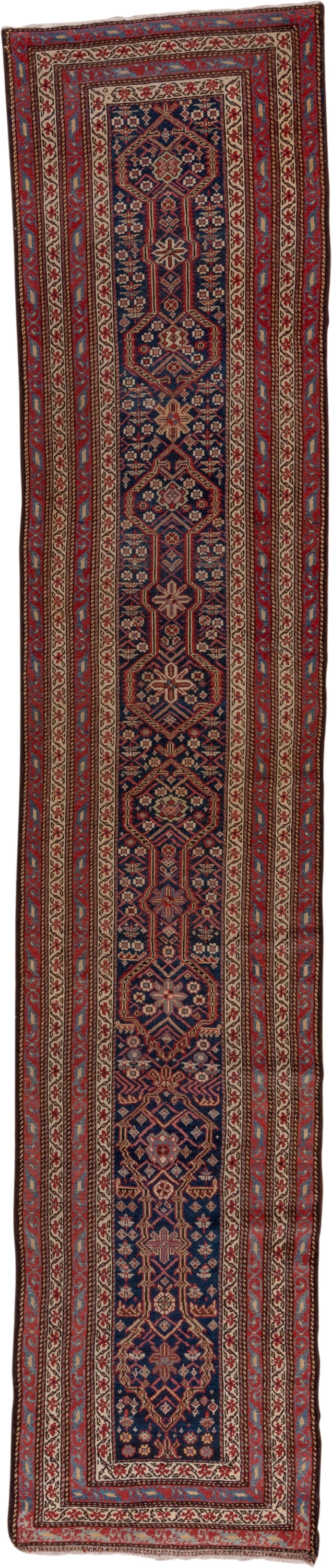 2' x 14' one-of-a-kind handmade antique Malayer runner rug. Color palette: navy, rust, ivory, brick, sky_blue, rose, camel