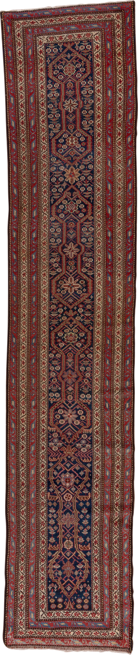 2' x 14' one-of-a-kind handmade antique Malayer runner rug. Color palette: navy, rust, ivory, brick, sky_blue, rose, camel