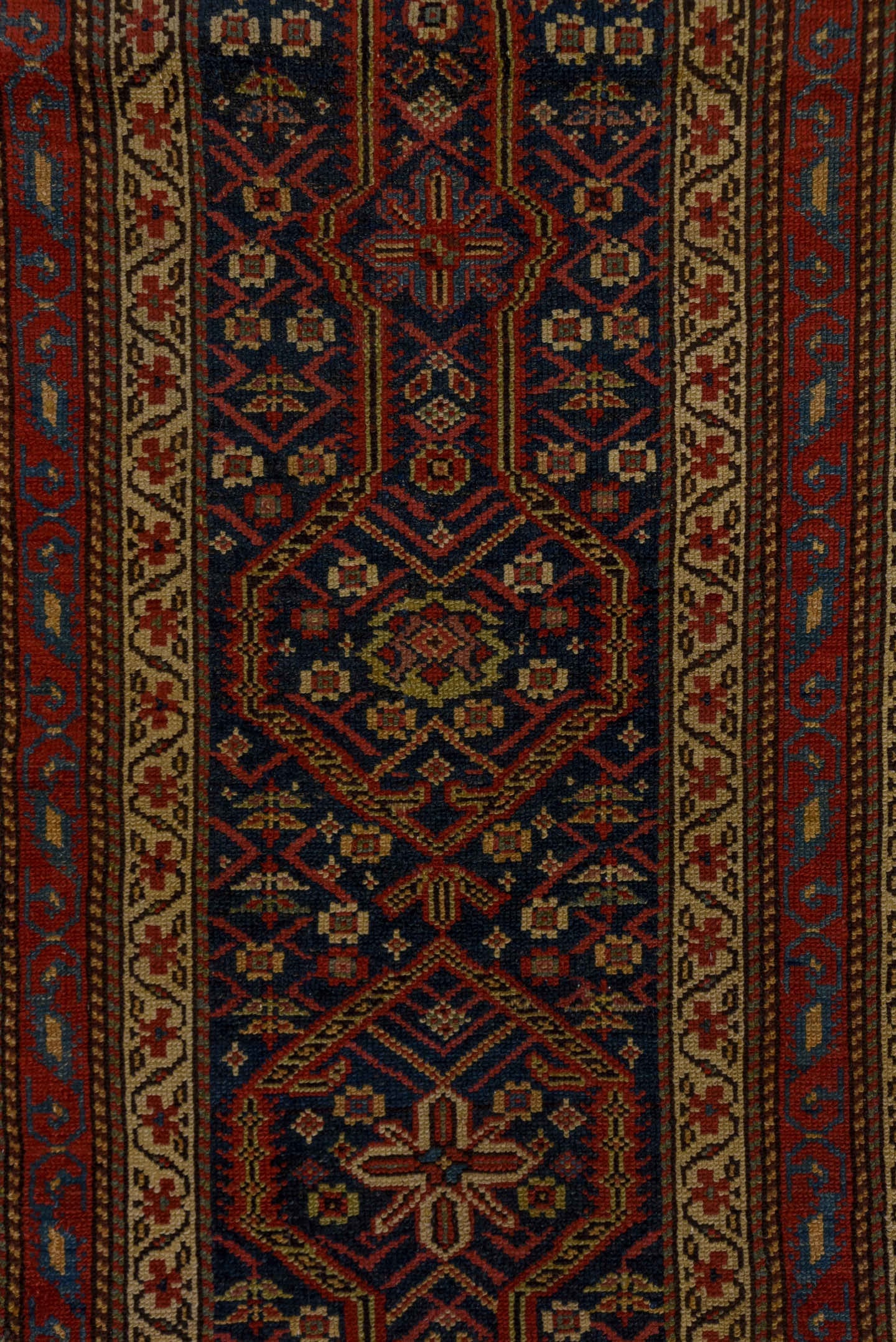 2' x 14' one-of-a-kind handmade antique Malayer runner rug. Color palette: navy, rust, ivory, brick, sky_blue, rose, camel