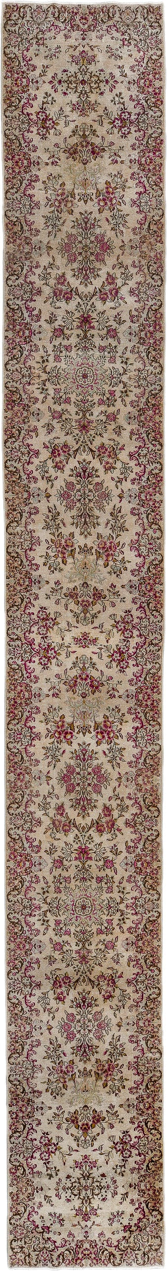 2' x 20' one-of-a-kind handmade antique Kerman runner rug. Color palette: ivory, rose, burgundy, brown, gold, taupe, pink