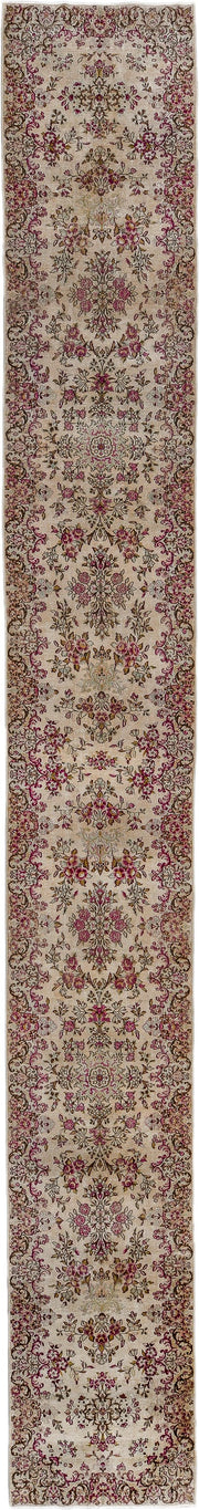 2' x 20' one-of-a-kind handmade antique Kerman runner rug. Color palette: ivory, rose, burgundy, brown, gold, taupe, pink