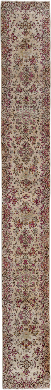 2' x 20' one-of-a-kind handmade antique Kerman runner rug. Color palette: ivory, rose, burgundy, brown, gold, taupe, pink