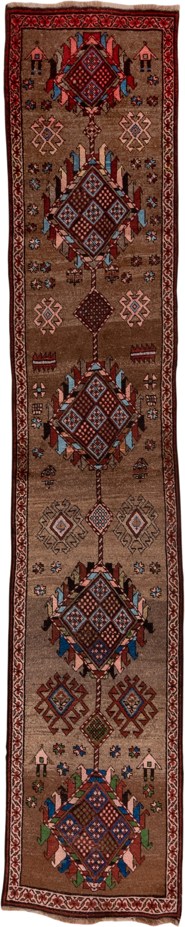 2' x 13' one-of-a-kind handmade antique NW Persian runner rug. Color palette: camel, rust, ivory, indigo, brown, soft blue