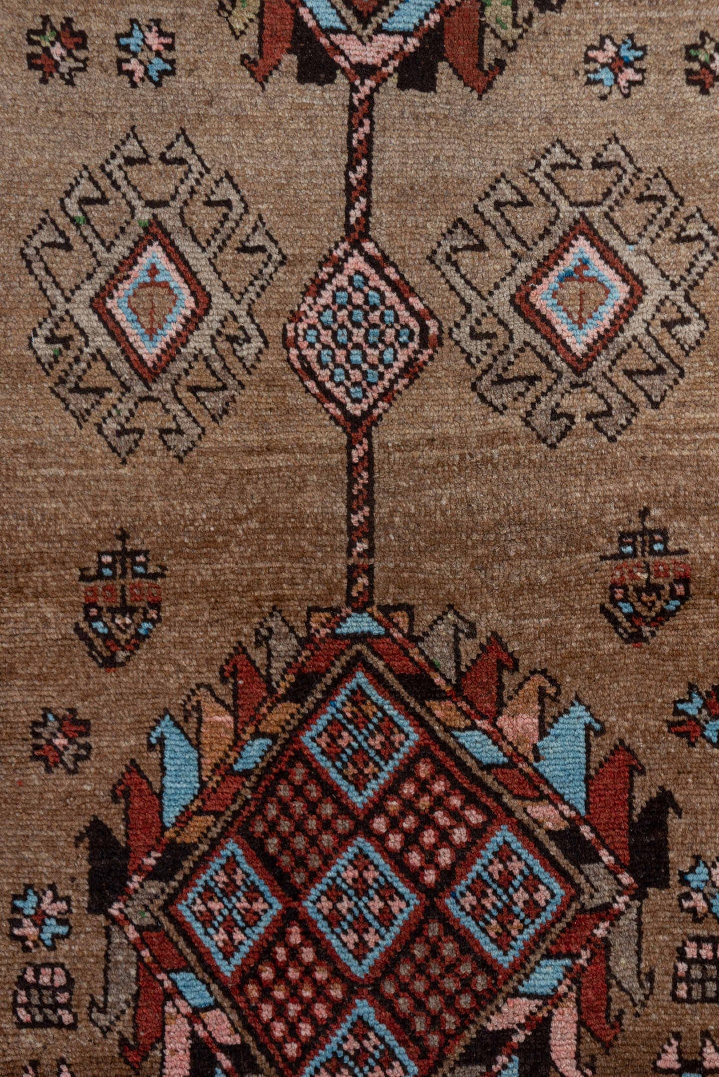 2' x 13' one-of-a-kind handmade antique NW Persian runner rug. Color palette: camel, rust, ivory, indigo, brown, soft blue