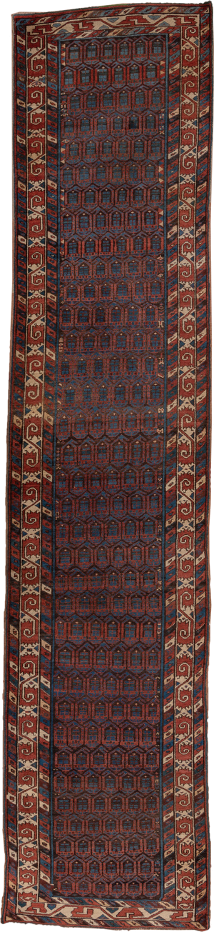 3' x 15' one-of-a-kind handmade antique Sarab runner rug. Color palette: indigo, rust, ivory, navy, camel, crimson, purple