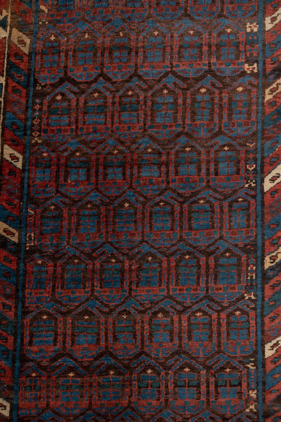 3' x 15' one-of-a-kind handmade antique Sarab runner rug. Color palette: indigo, rust, ivory, navy, camel, crimson, purple