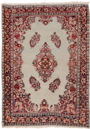 3' x 4' one-of-a-kind handmade antique Sarouk small size rug. Color palette: ivory, burgundy, navy, rose, blush, charcoal