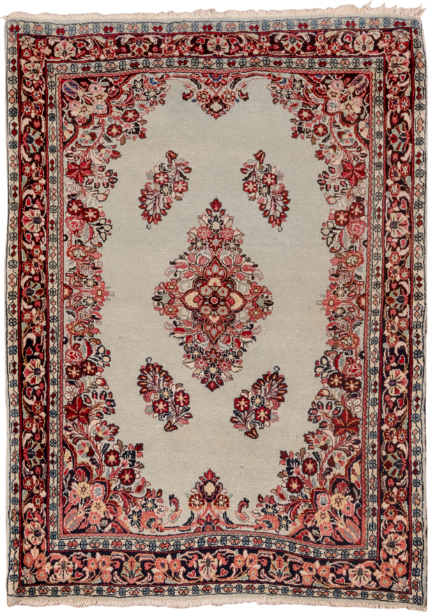 3' x 4' one-of-a-kind handmade antique Sarouk small size rug. Color palette: ivory, burgundy, navy, rose, blush, charcoal