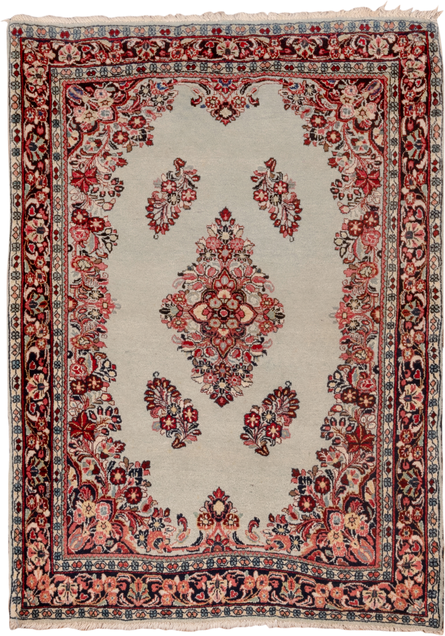 3' x 4' one-of-a-kind handmade antique Sarouk small size rug. Color palette: ivory, burgundy, navy, rose, blush, charcoal