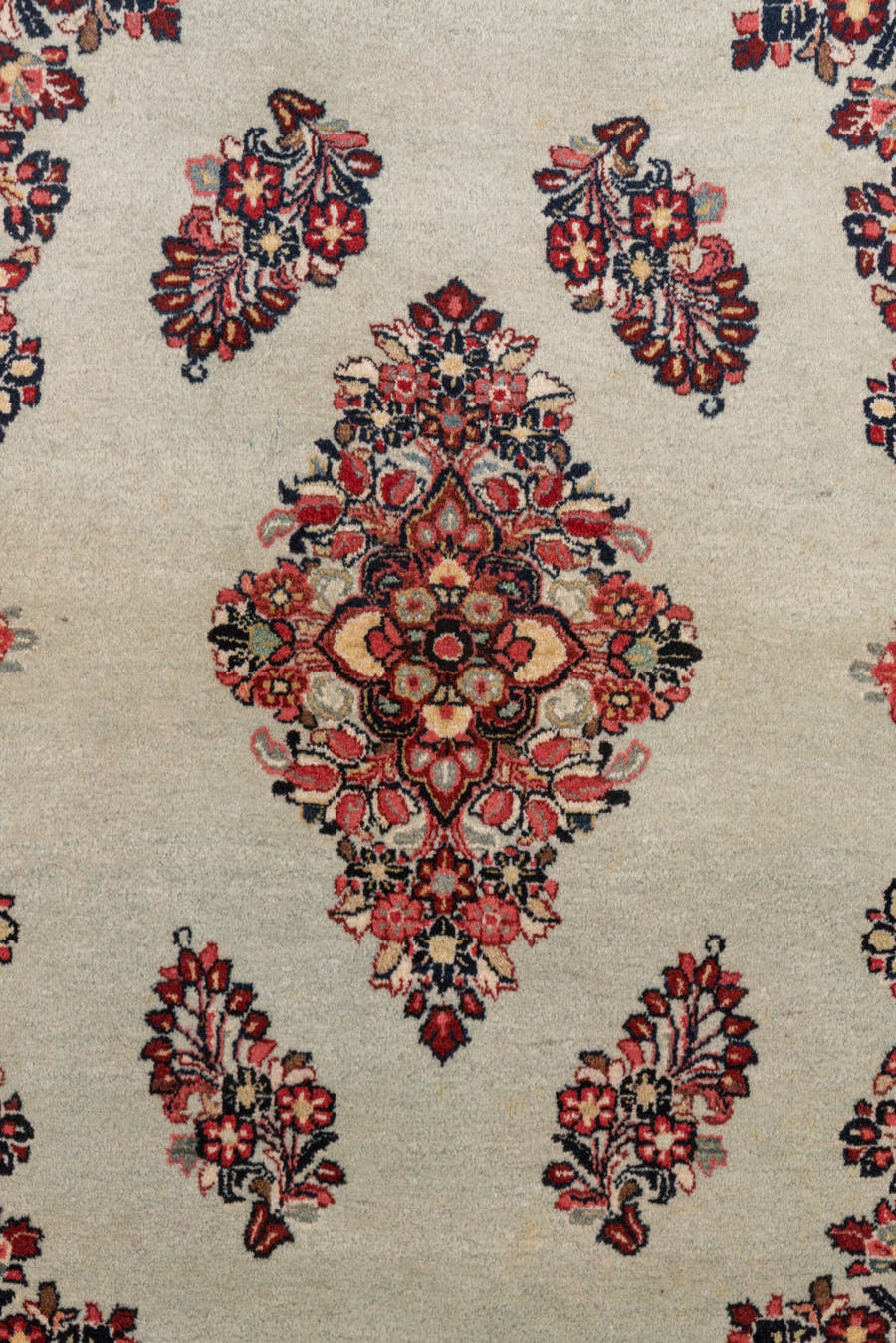 3' x 4' one-of-a-kind handmade antique Sarouk small size rug. Color palette: ivory, burgundy, navy, rose, blush, charcoal