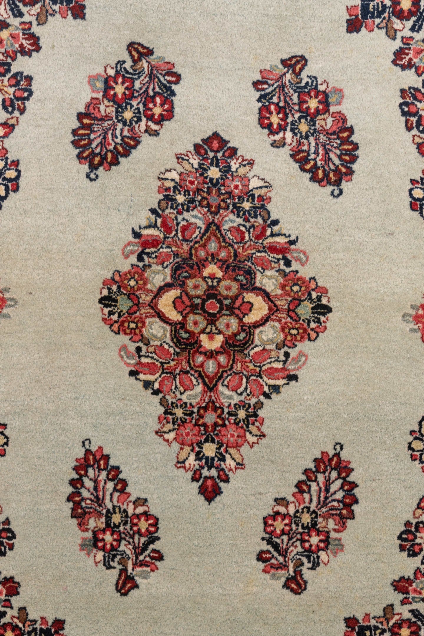 3' x 4' one-of-a-kind handmade antique Sarouk small size rug. Color palette: ivory, burgundy, navy, rose, blush, charcoal