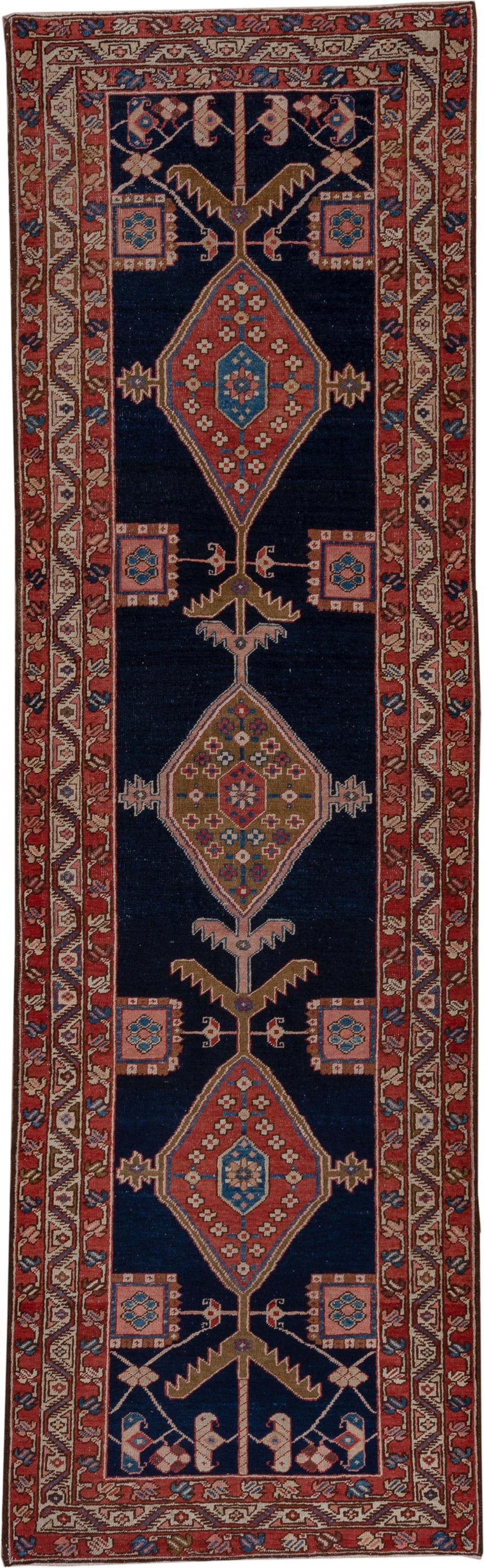 3' x 11' one-of-a-kind handmade antique Serapi runner rug. Color palette: navy, rust, ivory, camel, sky blue, rose, brown