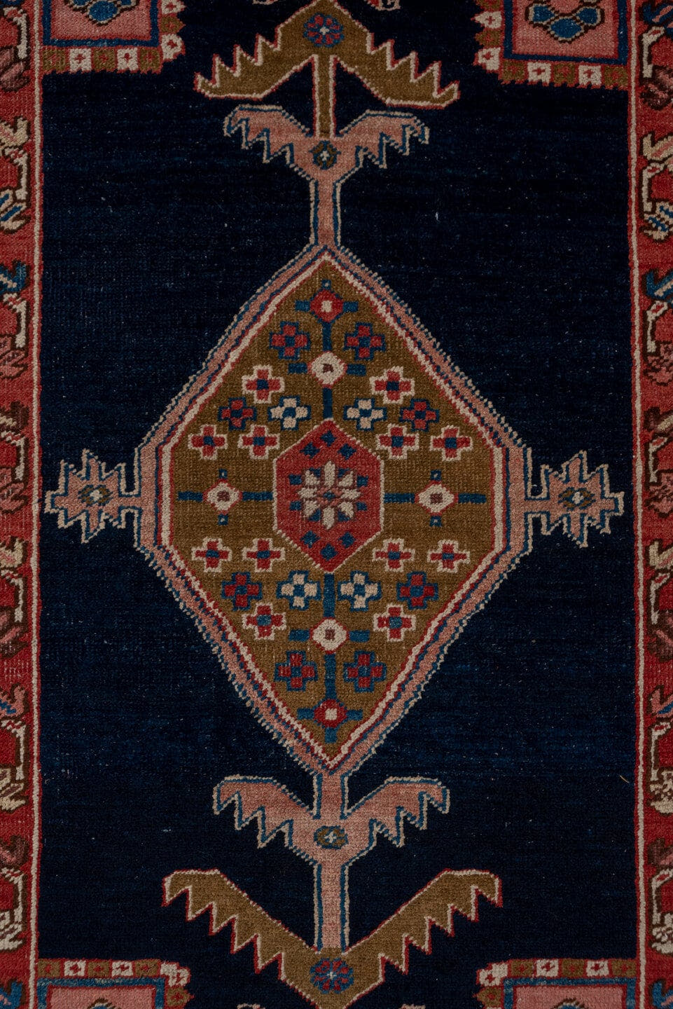 3' x 11' one-of-a-kind handmade antique Serapi runner rug. Color palette: navy, rust, ivory, camel, sky blue, rose, brown