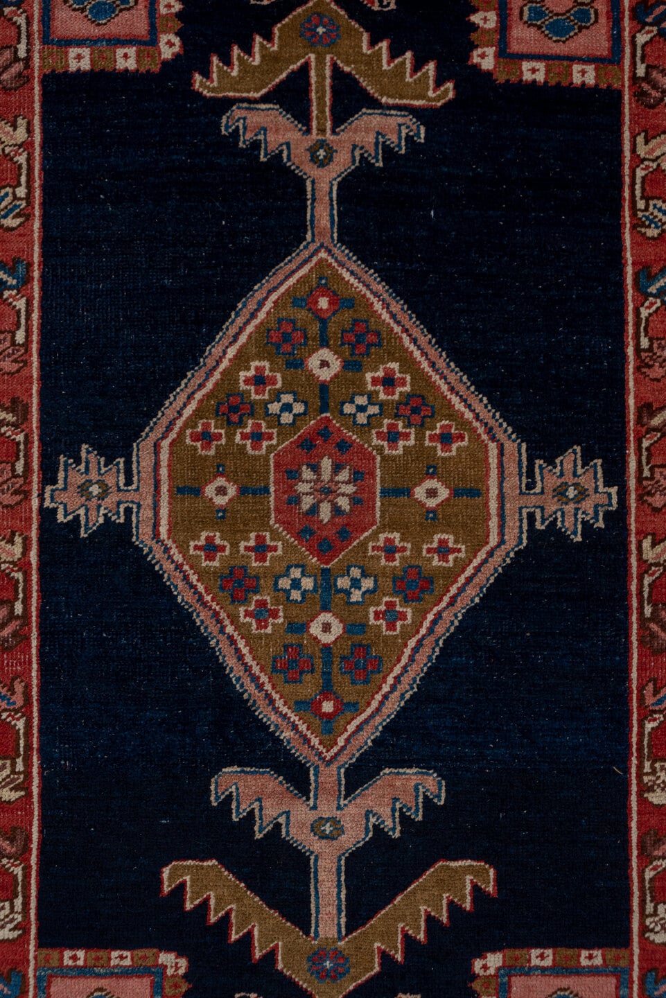 3' x 11' one-of-a-kind handmade antique Serapi runner rug. Color palette: navy, rust, ivory, camel, sky blue, rose, brown