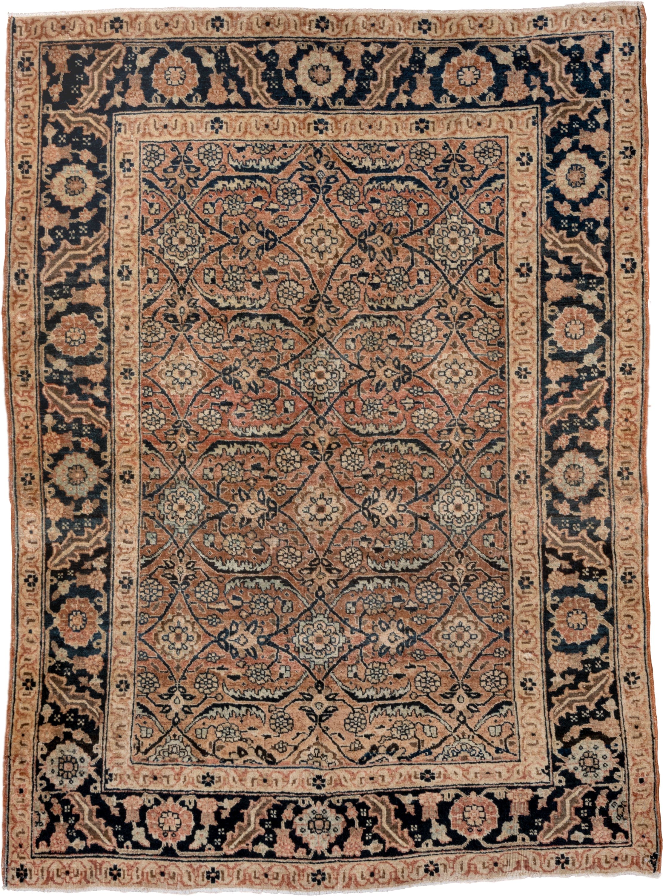 4' x 6' one-of-a-kind handmade antique Tabriz small size rug. Color palette: camel, ivory, navy, taupe, slate, rose, brown