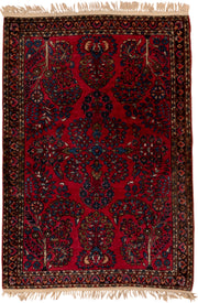 3' x 4' one-of-a-kind handmade vintage Sarouk small size rug. Color palette: crimson, navy, ivory, rose, camel, charcoal
