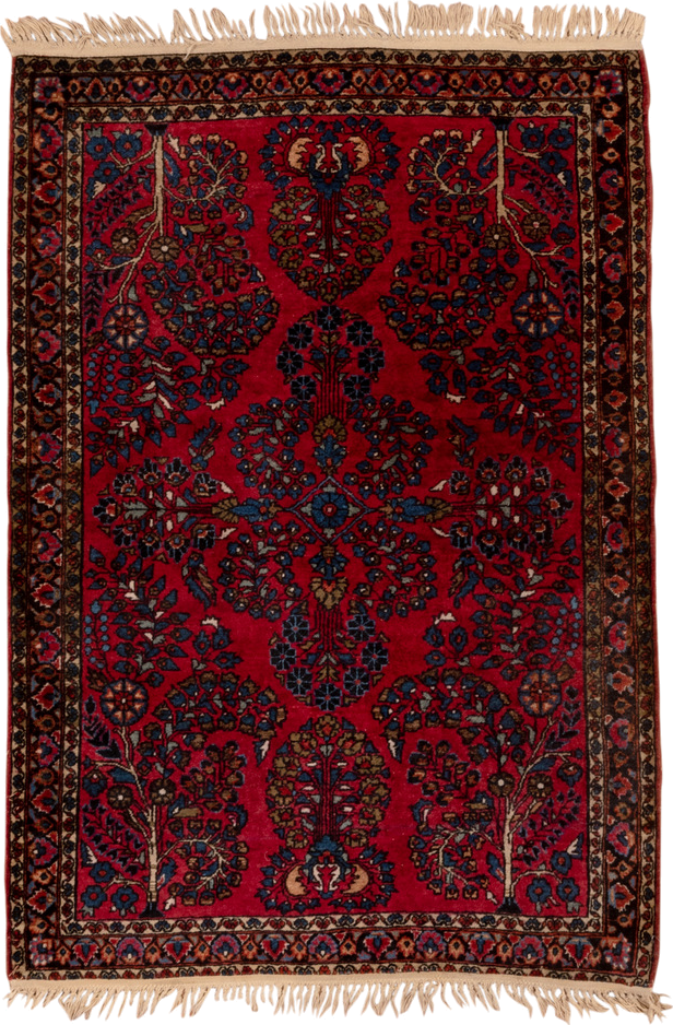 3' x 4' one-of-a-kind handmade vintage Sarouk small size rug. Color palette: crimson, navy, ivory, rose, camel, charcoal