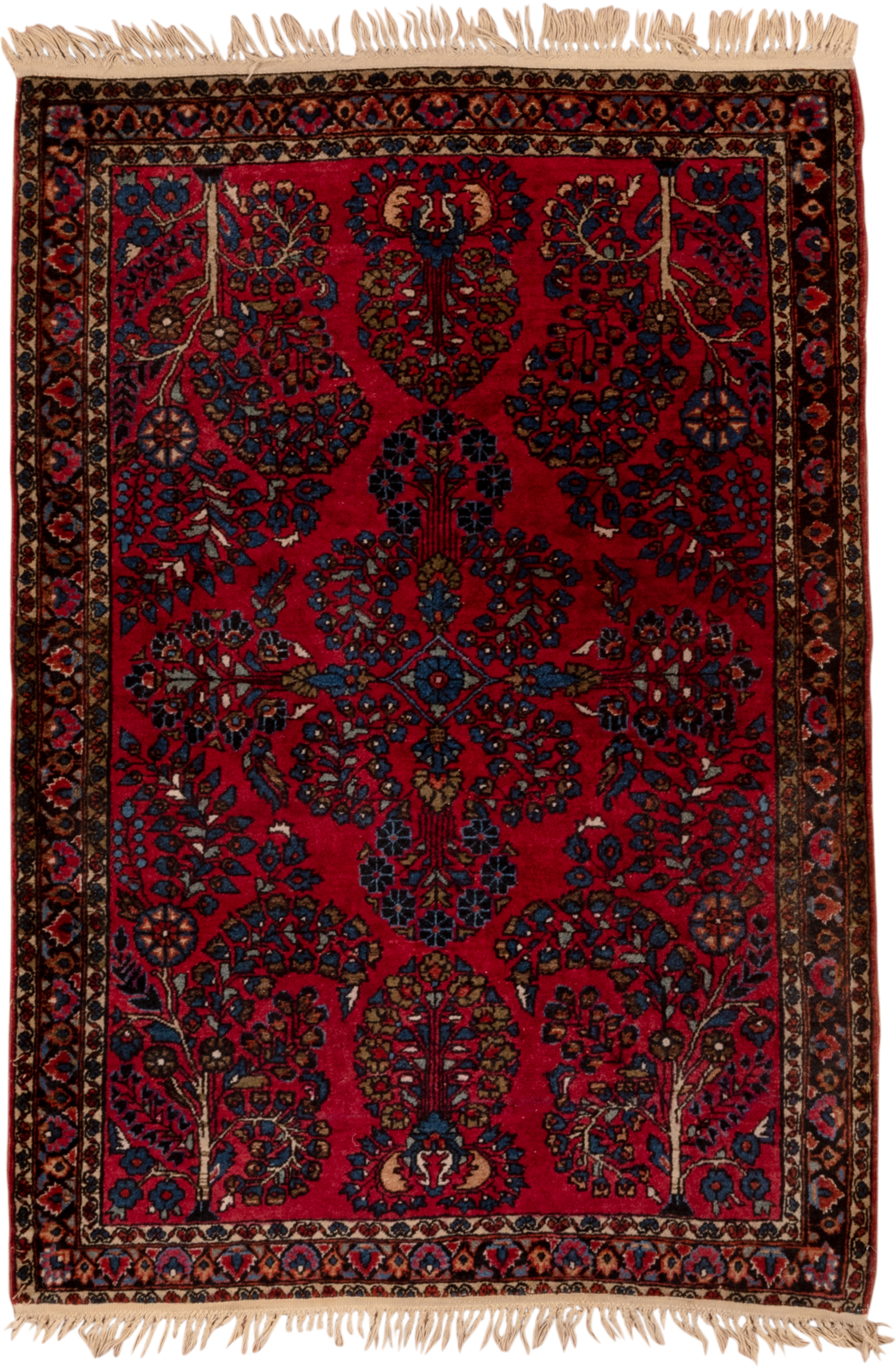 3' x 4' one-of-a-kind handmade vintage Sarouk small size rug. Color palette: crimson, navy, ivory, rose, camel, charcoal