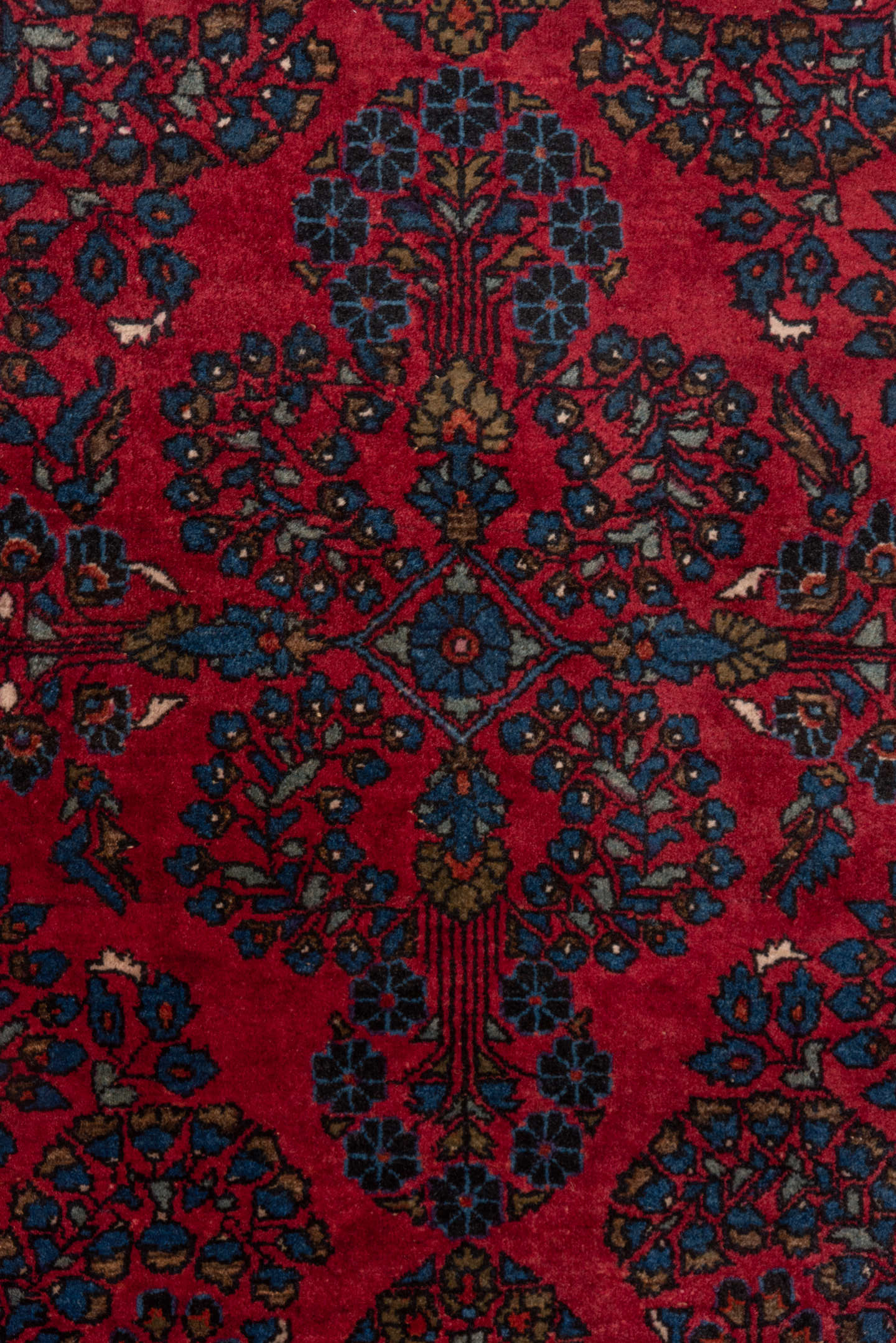 3' x 4' one-of-a-kind handmade vintage Sarouk small size rug. Color palette: crimson, navy, ivory, rose, camel, charcoal