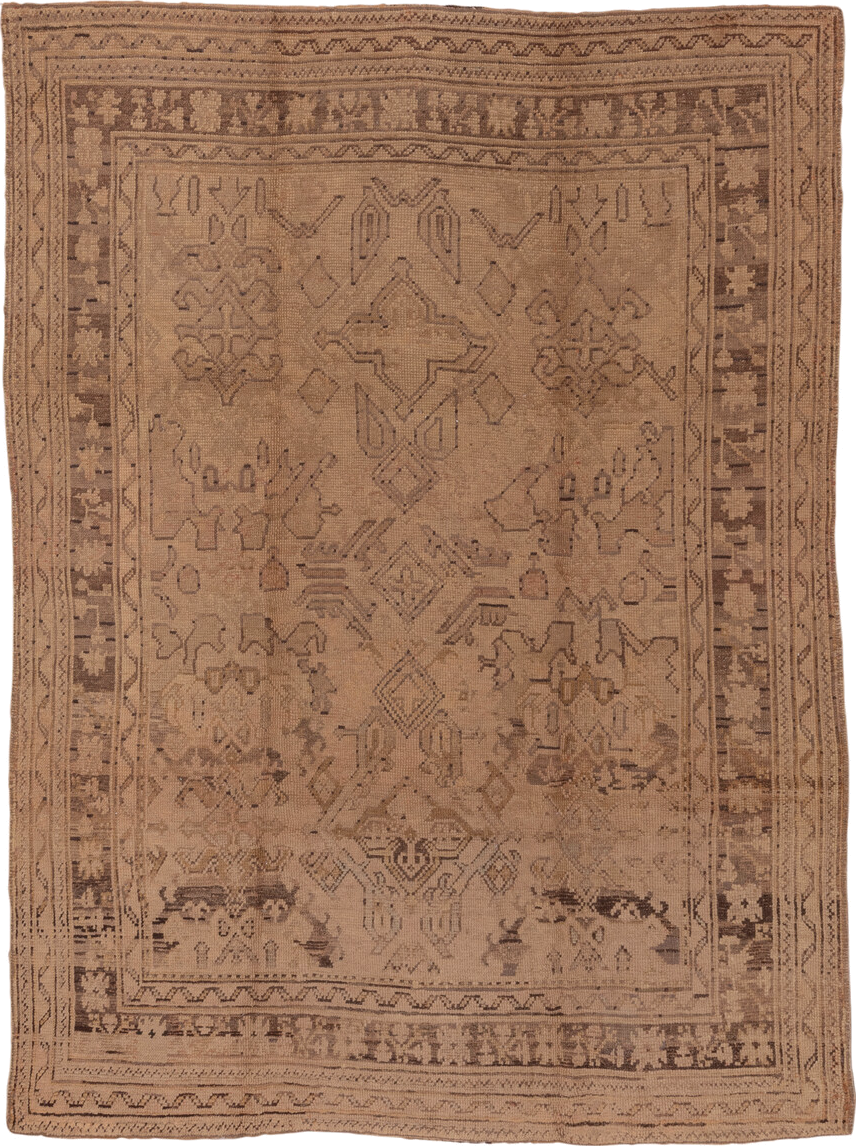 7' x 10' one-of-a-kind handmade antique Oushak large size rug. Color palette: taupe, camel, beige, brown, sand, gray