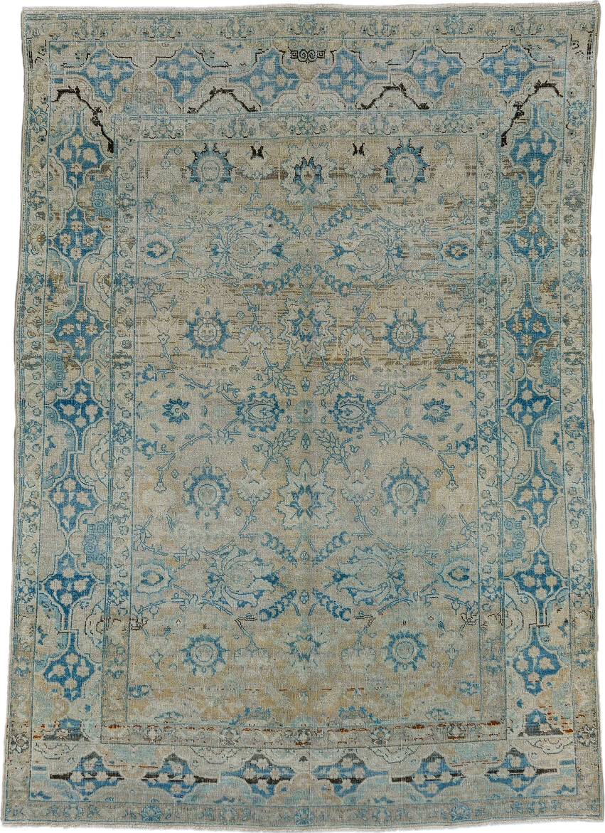 4' x 6' one-of-a-kind handmade antique Tabriz small size rug. Color palette: ivory, sky blue, beige, taupe, slate, camel