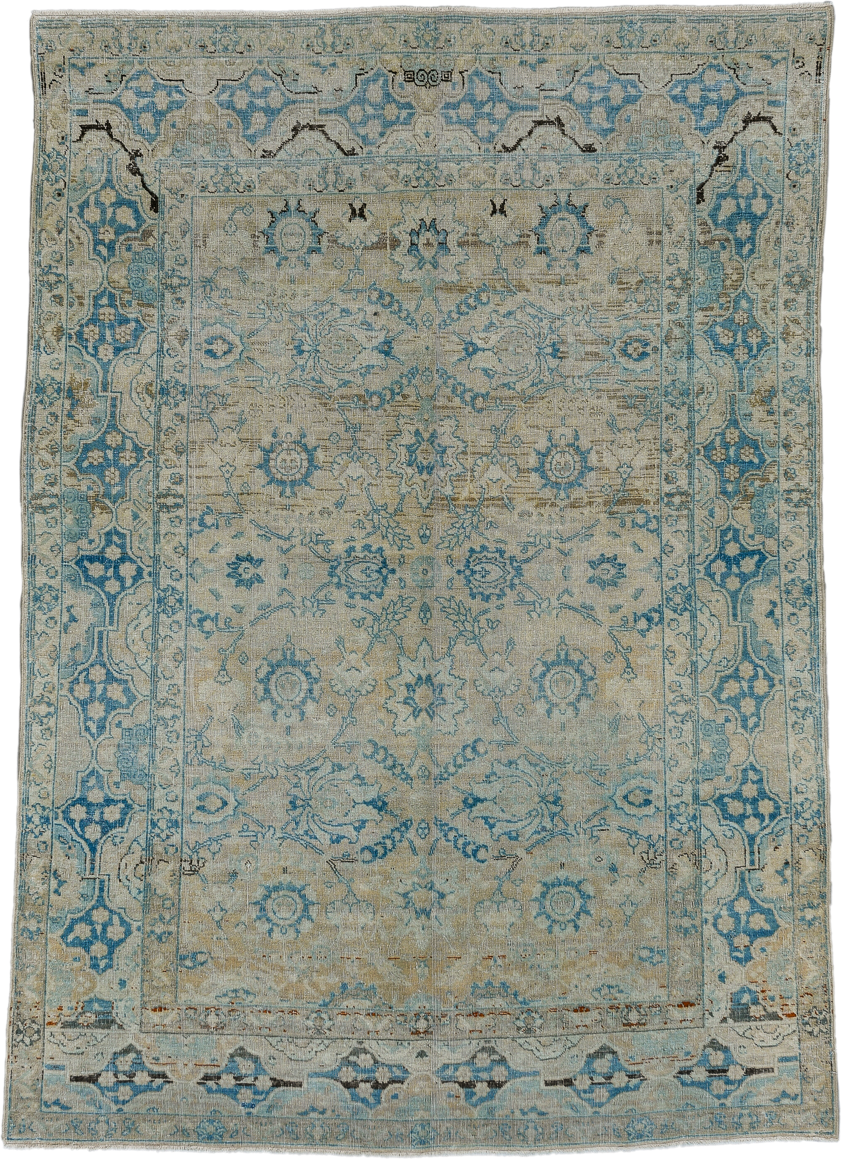 4' x 6' one-of-a-kind handmade antique Tabriz small size rug. Color palette: ivory, sky blue, beige, taupe, slate, camel