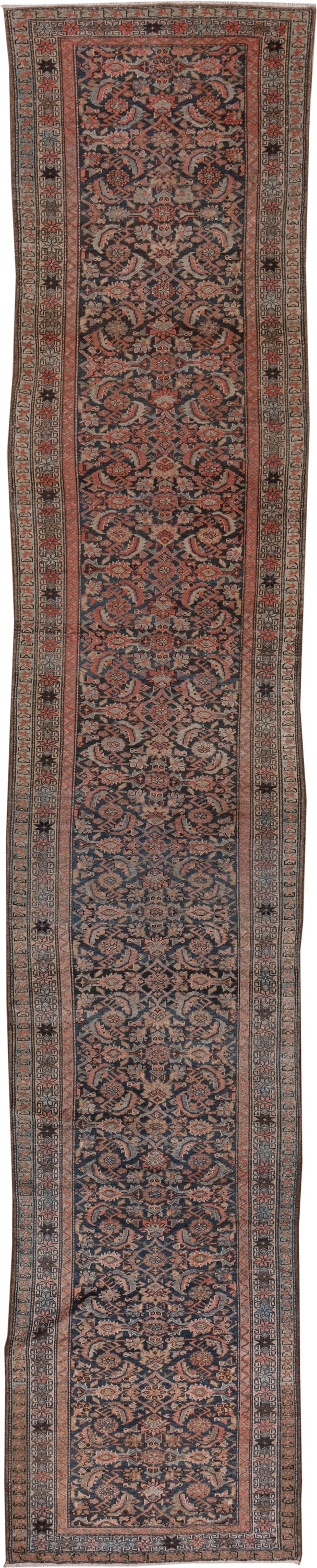 3' x 17' one-of-a-kind handmade antique Malayer runner rug. Color palette: navy, rust, ivory, slate, taupe, camel, blue