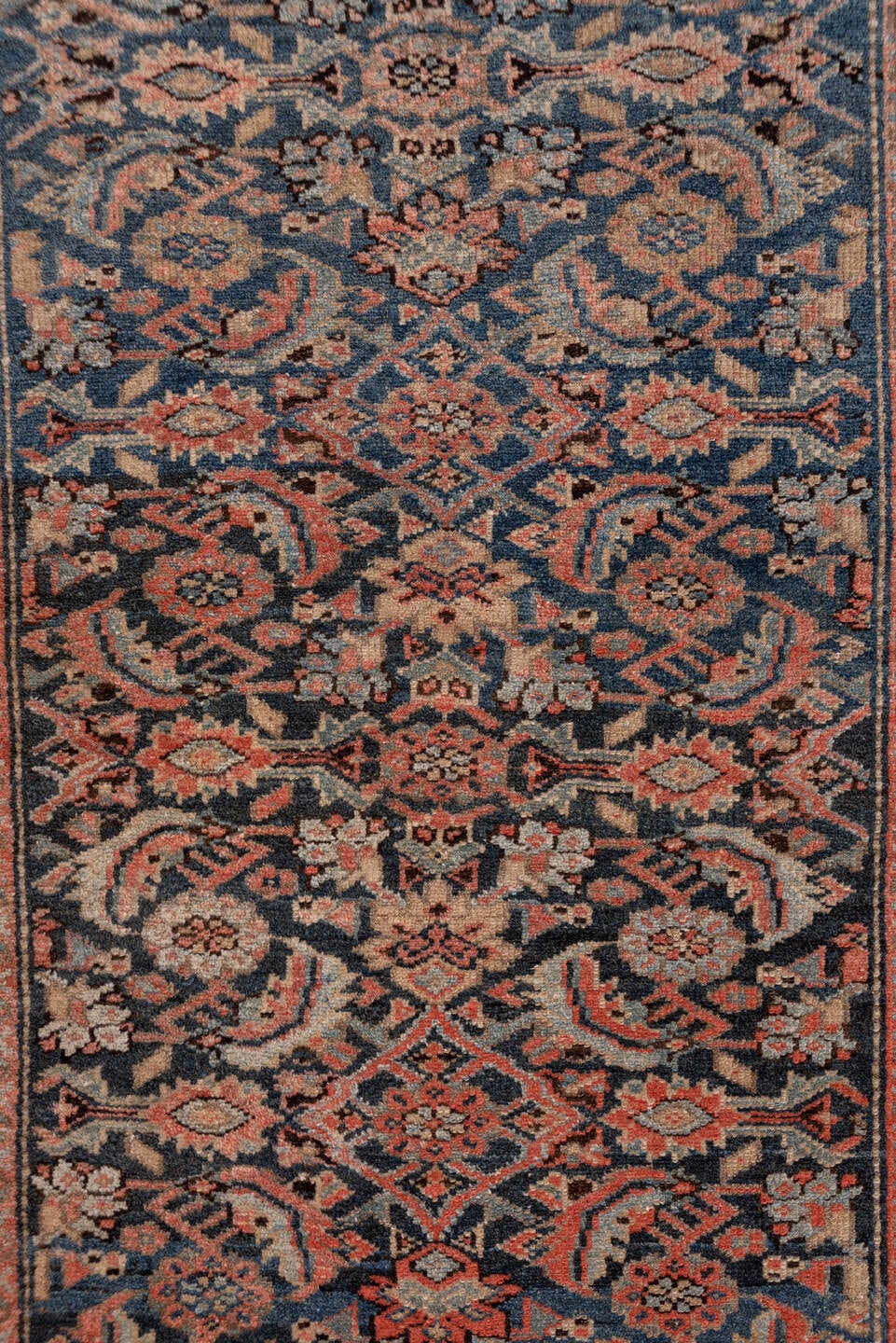 3' x 17' one-of-a-kind handmade antique Malayer runner rug. Color palette: navy, rust, ivory, slate, taupe, camel, blue