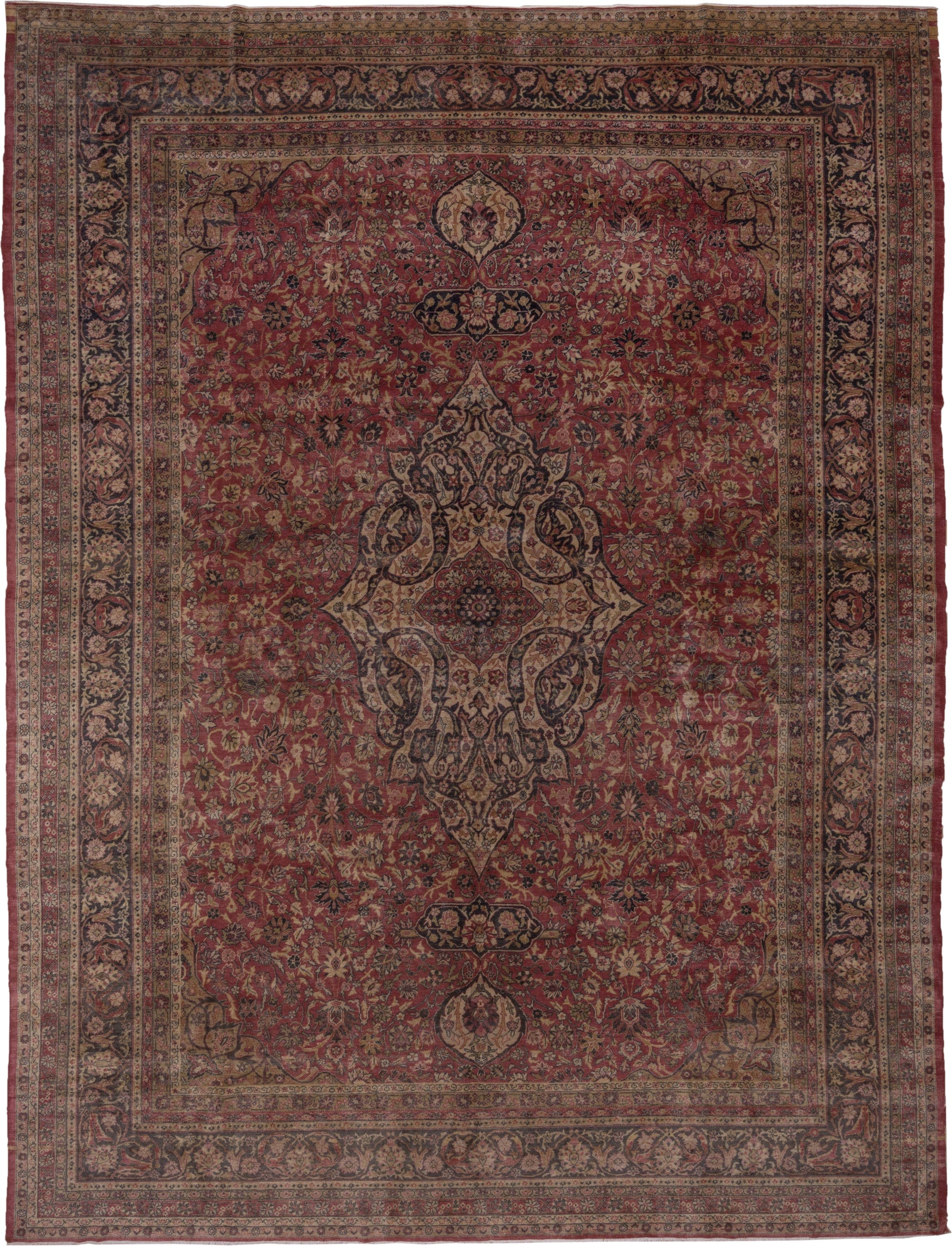 9' x 12' one-of-a-kind handmade antique Sivas large size rug. Color palette: rose, ivory, navy, burgundy, taupe, gold, camel