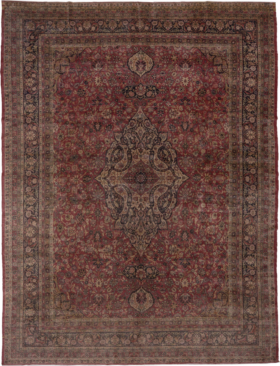 9' x 12' one-of-a-kind handmade antique Sivas large size rug. Color palette: rose, ivory, navy, burgundy, taupe, gold, camel