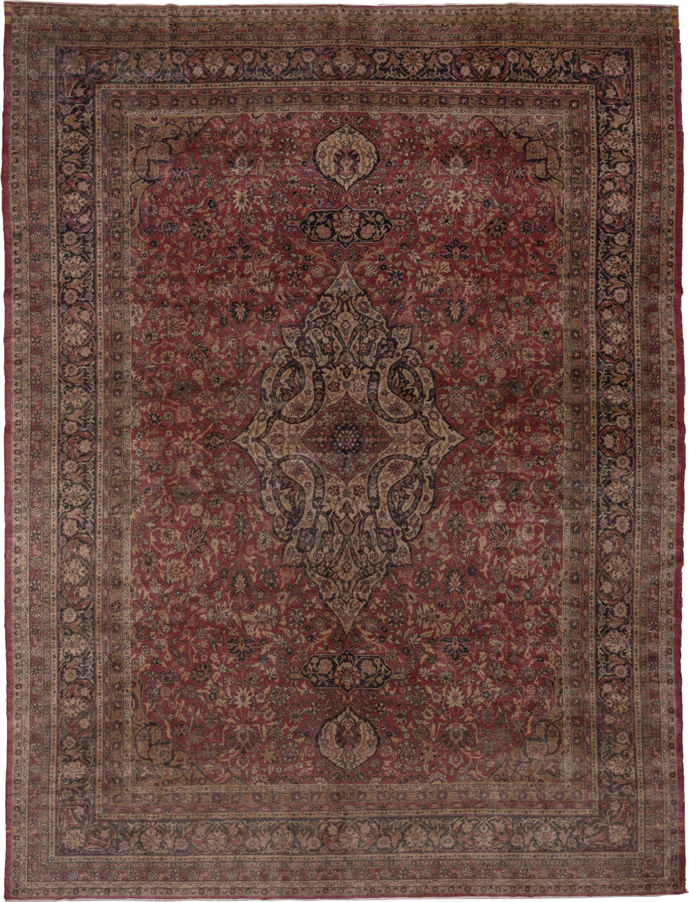 9' x 12' one-of-a-kind handmade antique Sivas large size rug. Color palette: rose, ivory, navy, burgundy, taupe, gold, camel