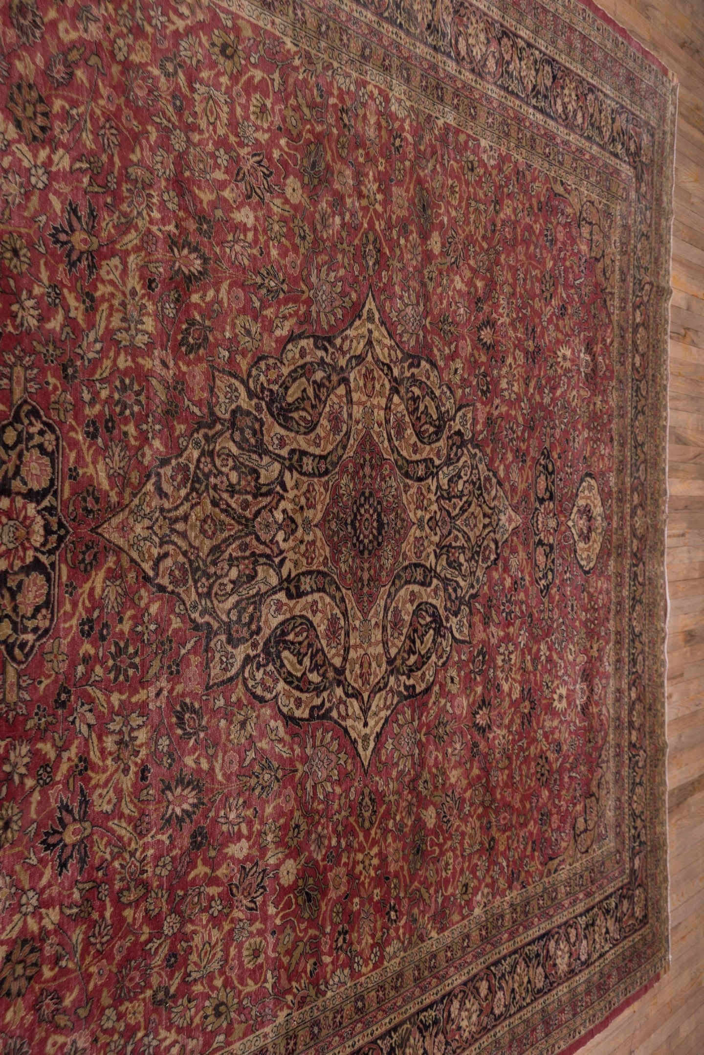 9' x 12' one-of-a-kind handmade antique Sivas large size rug. Color palette: rose, ivory, navy, burgundy, taupe, gold, camel