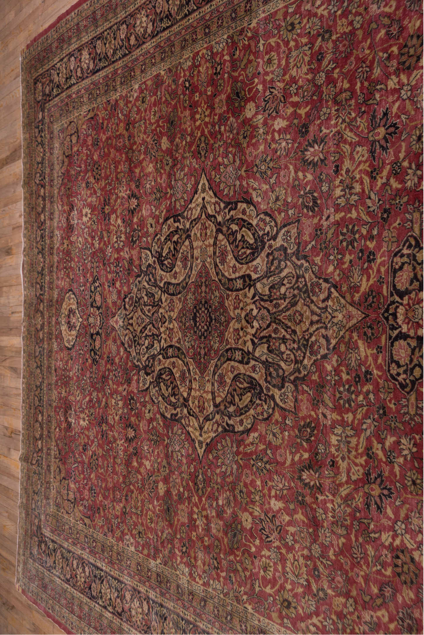 9' x 12' one-of-a-kind handmade antique Sivas large size rug. Color palette: rose, ivory, navy, burgundy, taupe, gold, camel
