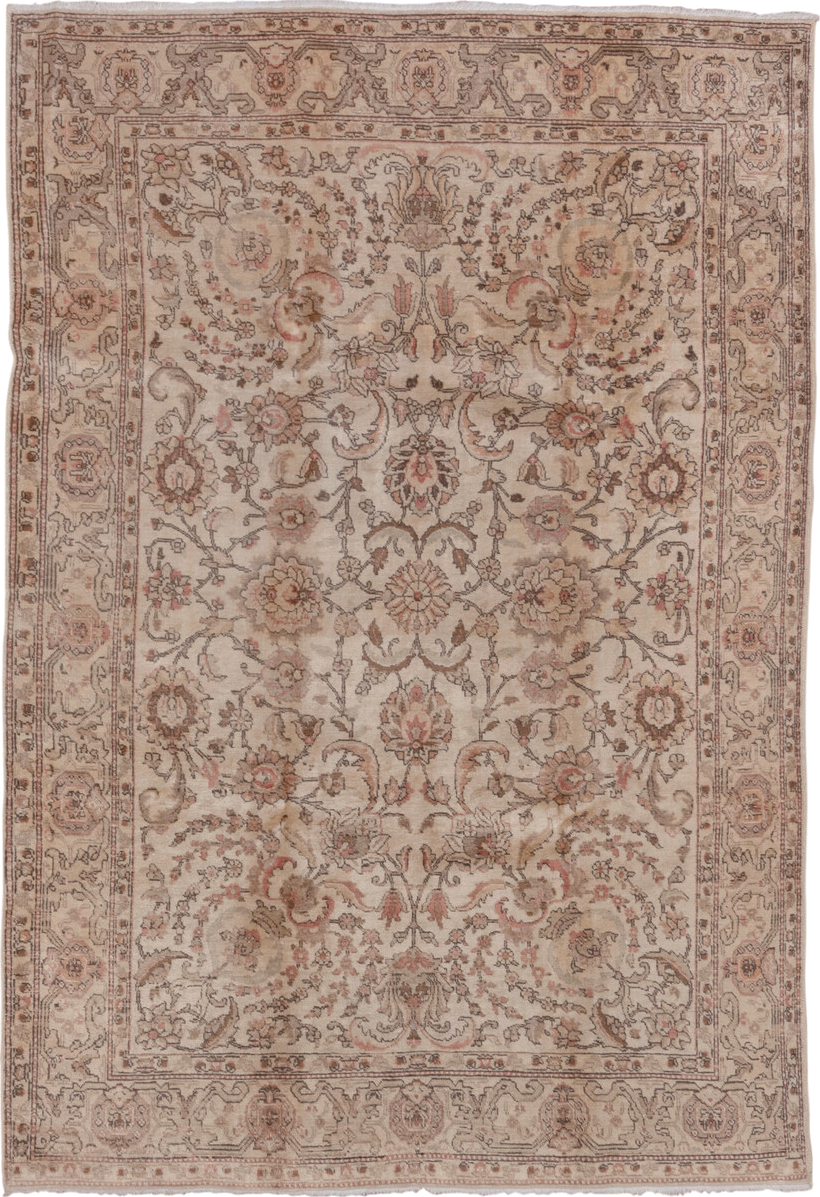 6' x 8' one-of-a-kind handmade vintage Tabriz medium size rug. Color palette: ivory, taupe, rose, camel, brown, beige, gray