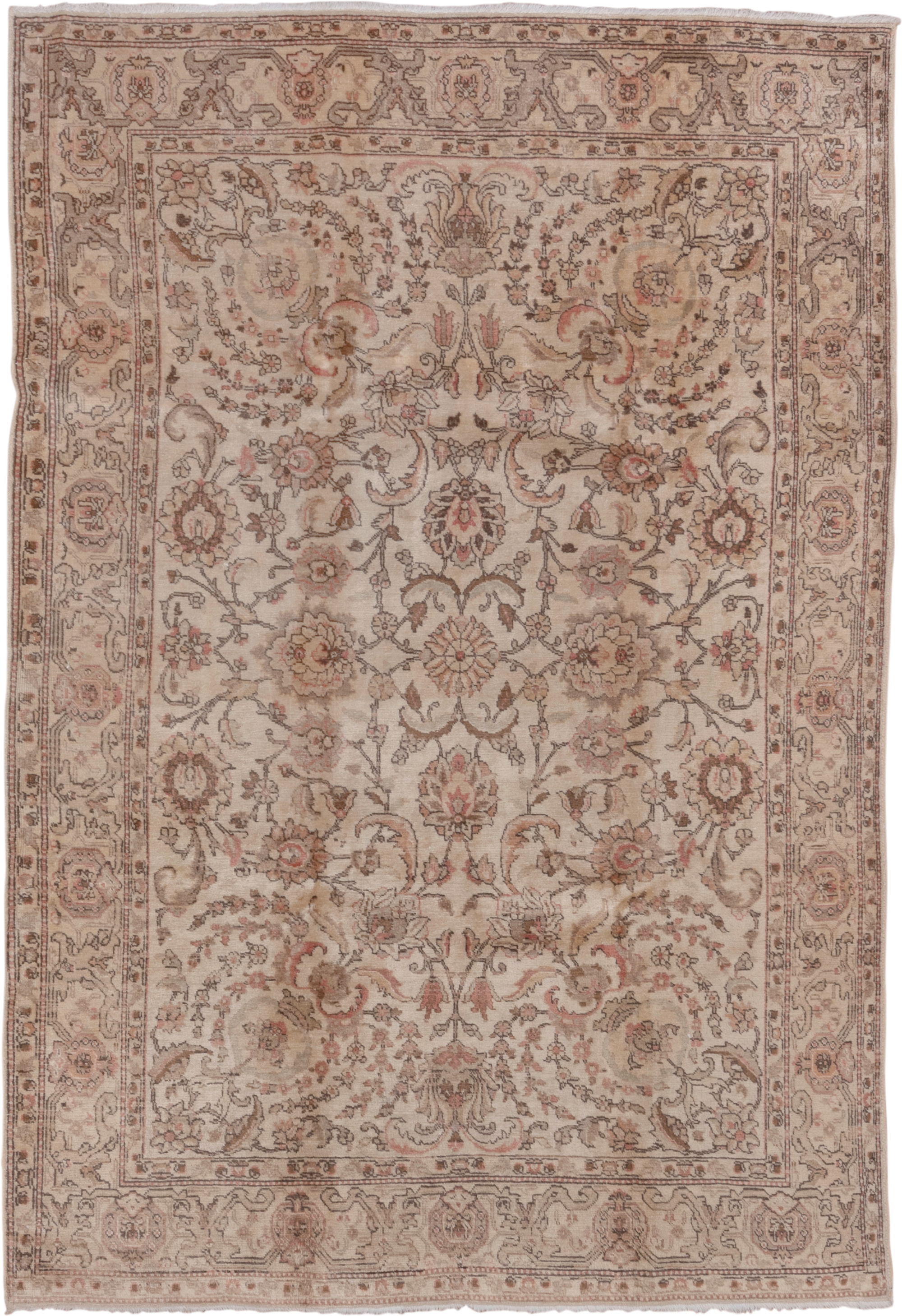 6' x 8' one-of-a-kind handmade vintage Tabriz medium size rug. Color palette: ivory, taupe, rose, camel, brown, beige, gray
