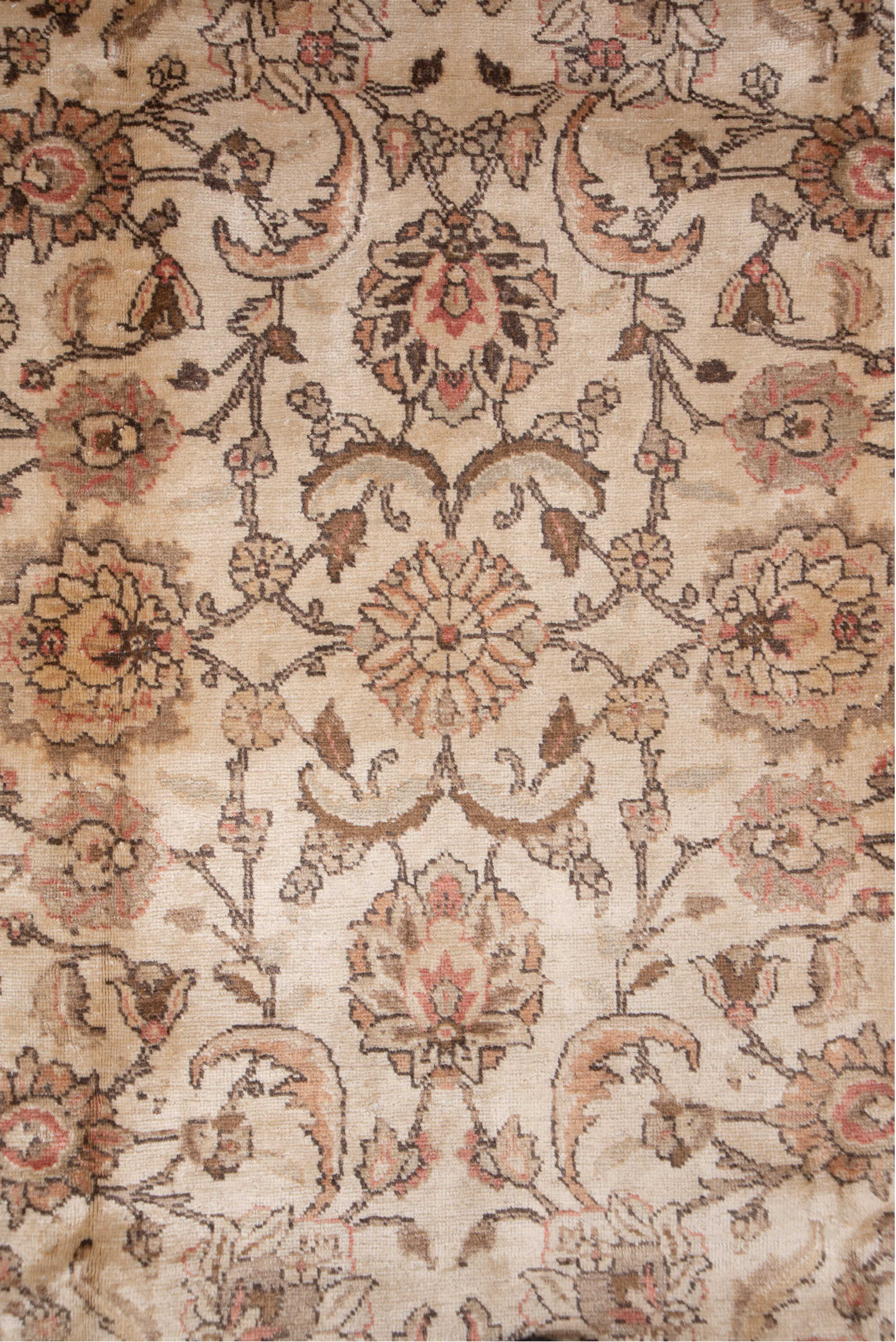 6' x 8' one-of-a-kind handmade vintage Tabriz medium size rug. Color palette: ivory, taupe, rose, camel, brown, beige, gray