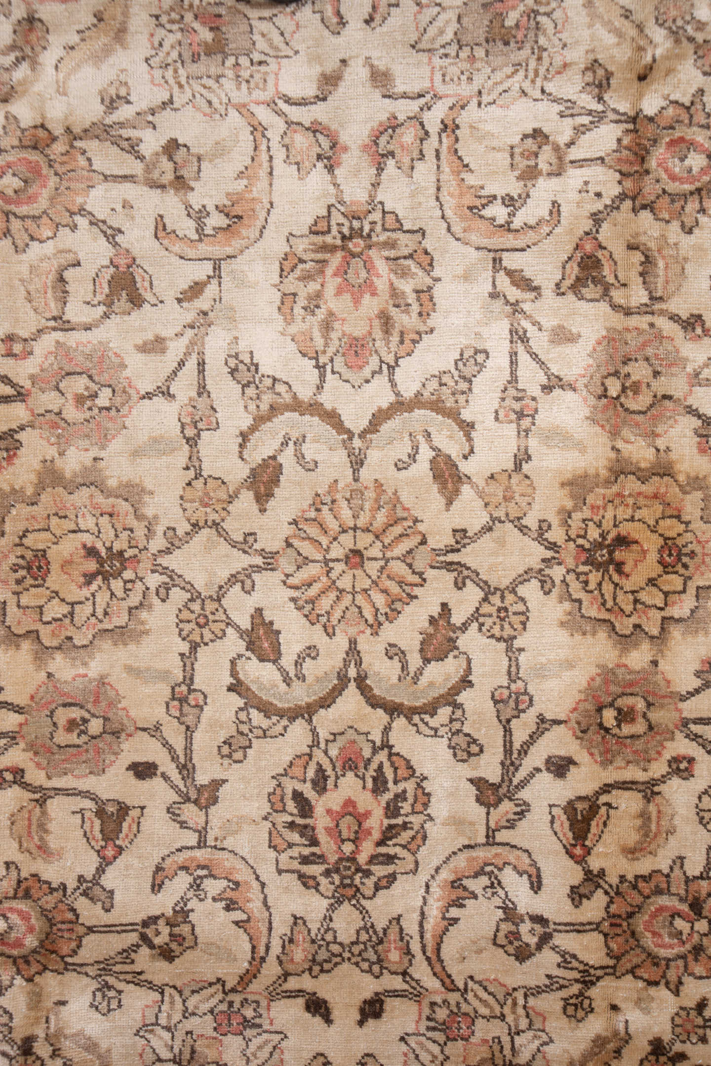 6' x 8' one-of-a-kind handmade vintage Tabriz medium size rug. Color palette: ivory, taupe, rose, camel, brown, beige, gray