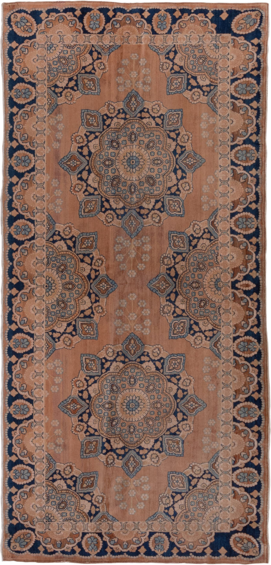 4' x 9' one-of-a-kind handmade antique Kerman runner rug. Color palette: rose, navy, taupe, ivory, slate, camel, pink, red