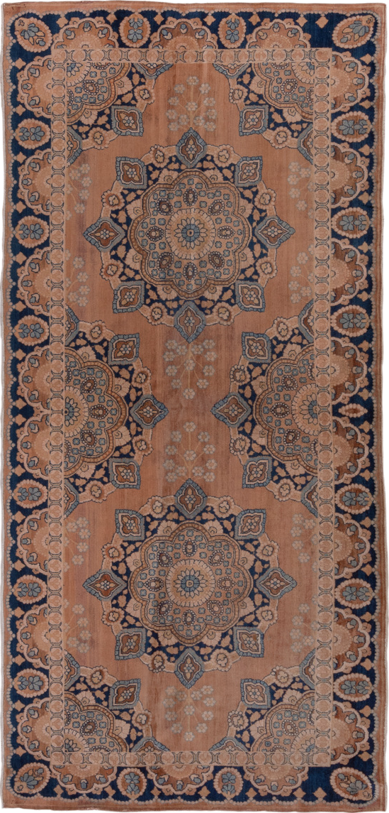 4' x 9' one-of-a-kind handmade antique Kerman runner rug. Color palette: rose, navy, taupe, ivory, slate, camel, pink, red