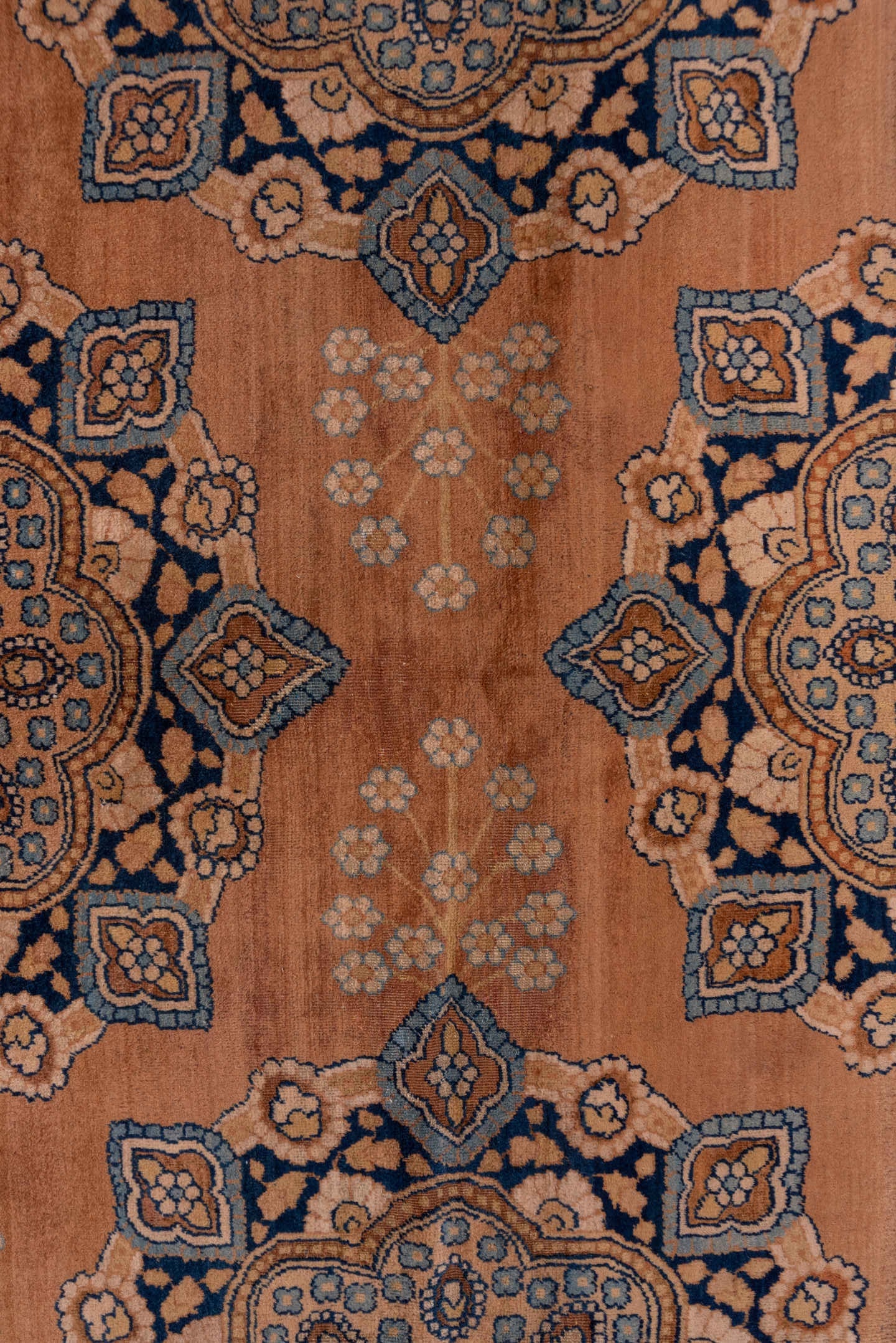 4' x 9' one-of-a-kind handmade antique Kerman runner rug. Color palette: rose, navy, taupe, ivory, slate, camel, pink, red