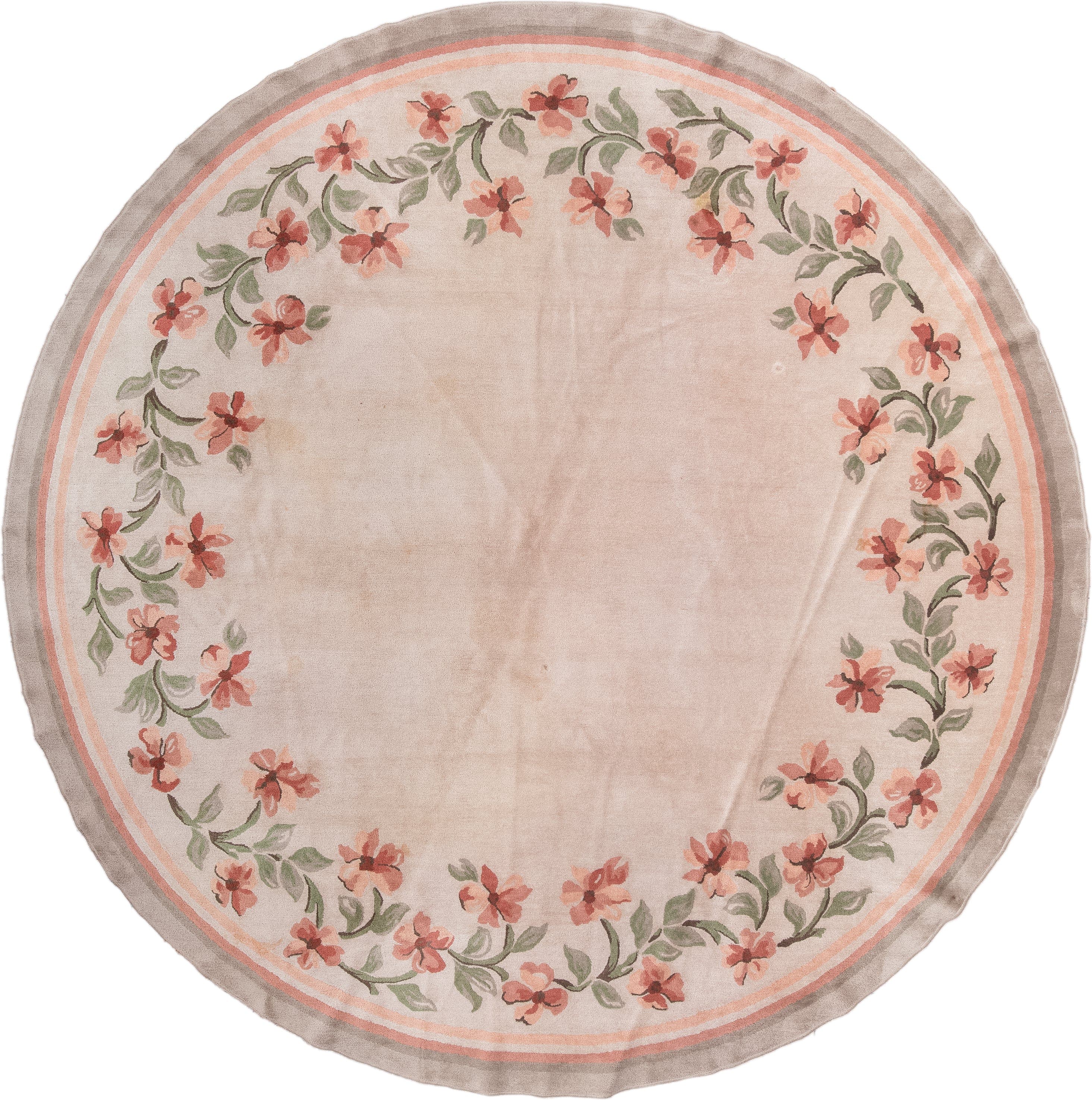 10' x 10' one-of-a-kind handmade antique European large size rug. Color palette: blush, ivory, sage, coral, taupe, pink