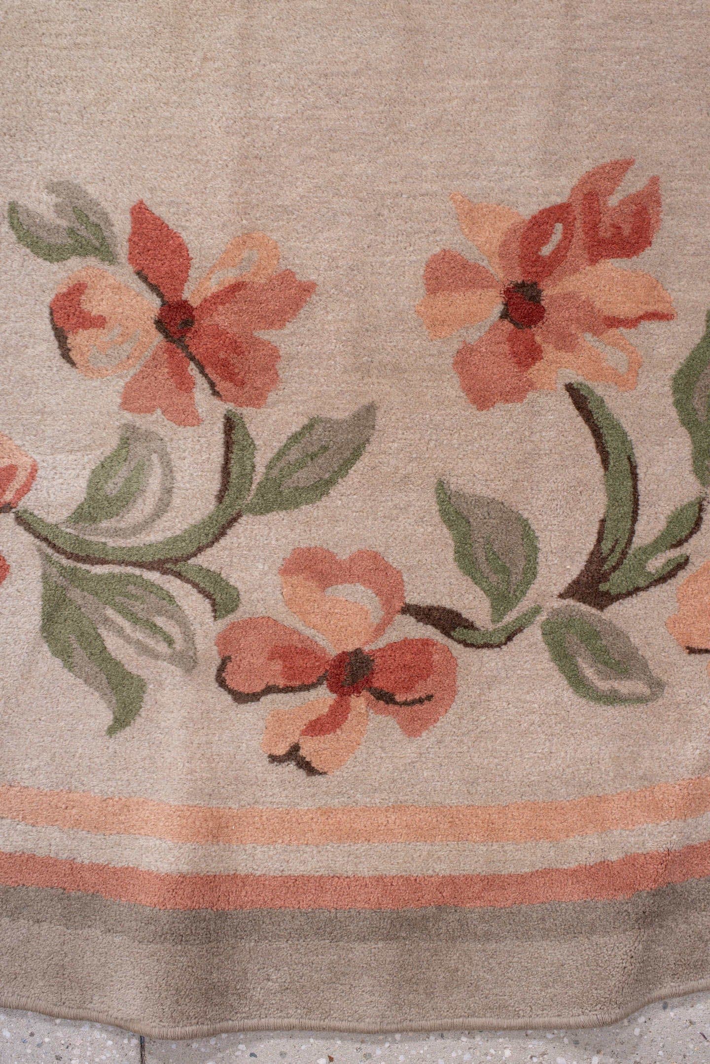 10' x 10' one-of-a-kind handmade antique European large size rug. Color palette: blush, ivory, sage, coral, taupe, pink